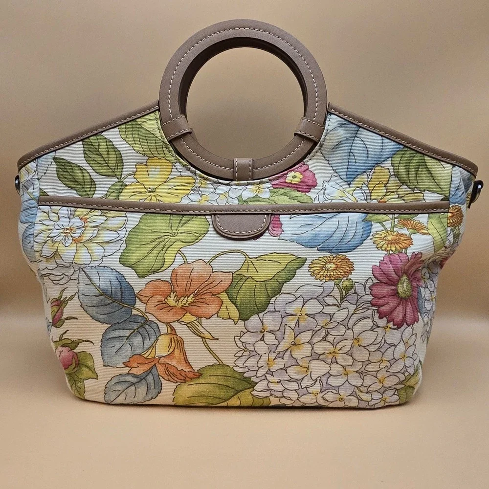 Vintage Fossil  Floral Tapestry Canvas Satchel Bag Circle Handles Tan Leather‎